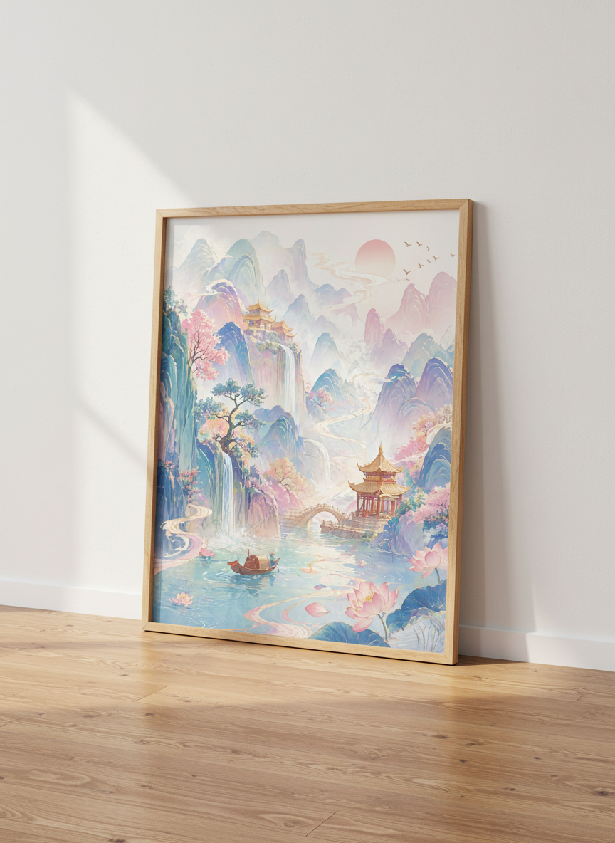 Asian Landscape Pagoda Wall Art | Pastel Mountains &amp; Waterfalls, Zen Decor