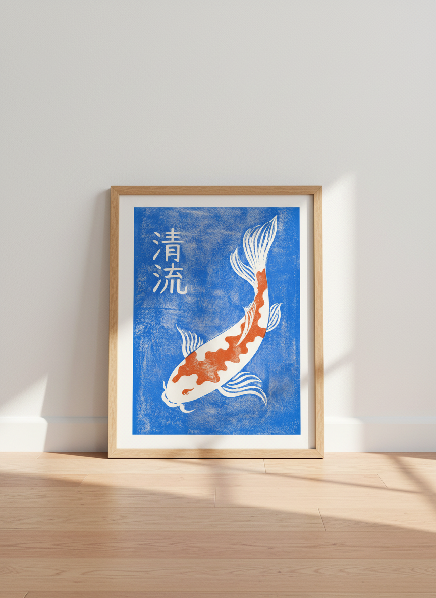 Japanese Woodblock Koi Fish Wall Art Print | Boho Bedroom Decor | Asian Lino-Cut Poster