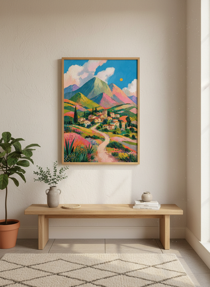 Mountain Village Wall Art Print | Colorful Mediterranean Landscape | Impressionist Poster