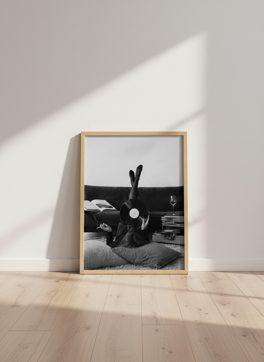 Monochrome Lifestyle Wall Art Print | Relaxing Vinyl Record Poster | Black and White Room Decor | Aesthetic Music Lover Gift