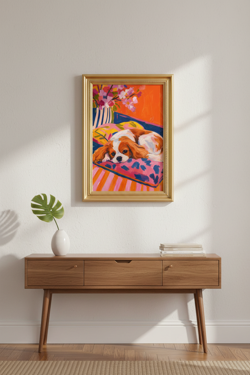 colorful dog print | vibrant gouache hues, living room decor