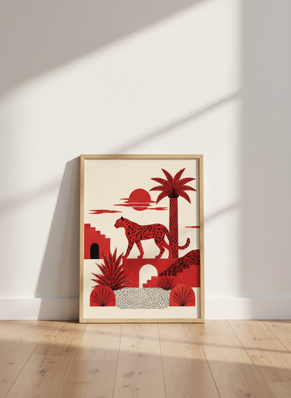 Red Leopard Wall Art Print | Boho Chic Jungle Poster | Desert Aesthetic Decor
