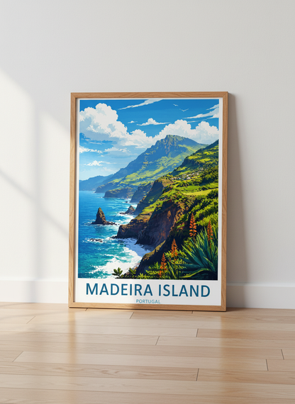Madeira Island Portugal Travel Poster | Coastal Landscape Wall Art | Vibrant Green Nature