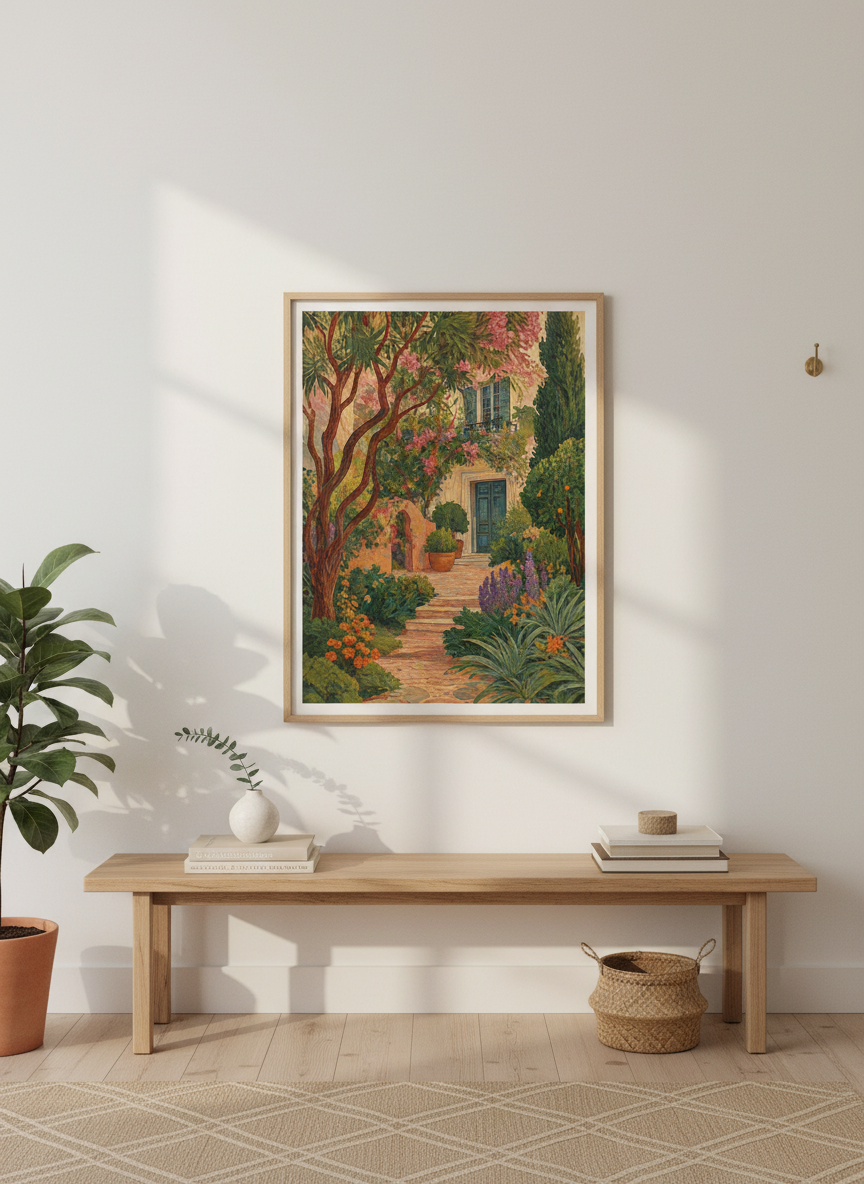 Mediterranean Garden Wall Art | Impressionist Floral Landscape, Living Room Decor Poster