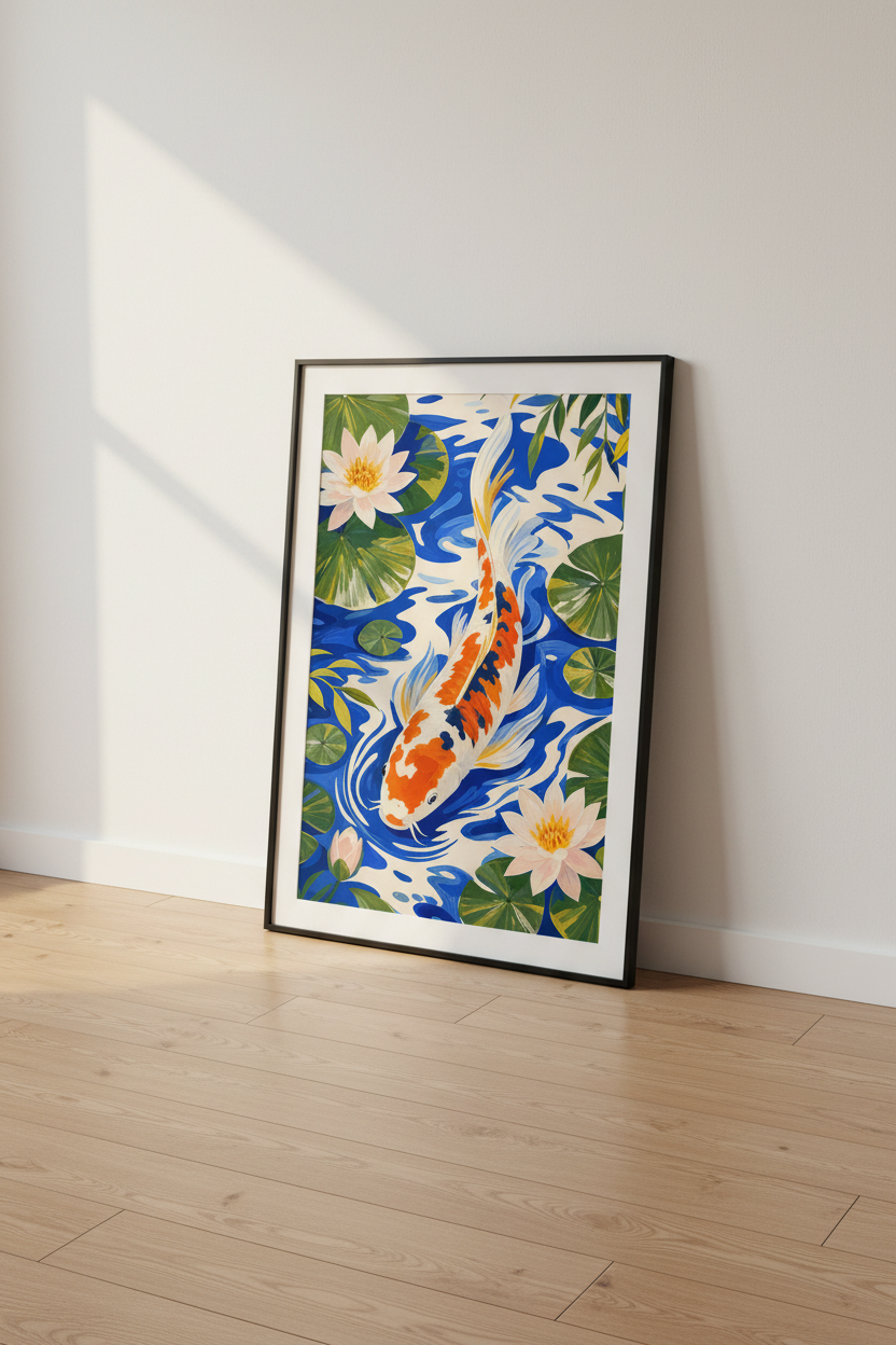 koi fish wall art | Handpainted Blue &amp; Orange, Bathroom Decor