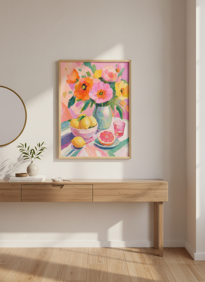 Floral Still Life &amp; Citrus Wall Art | Pink &amp; Orange Impasto Painting, Kitchen Decor Poster