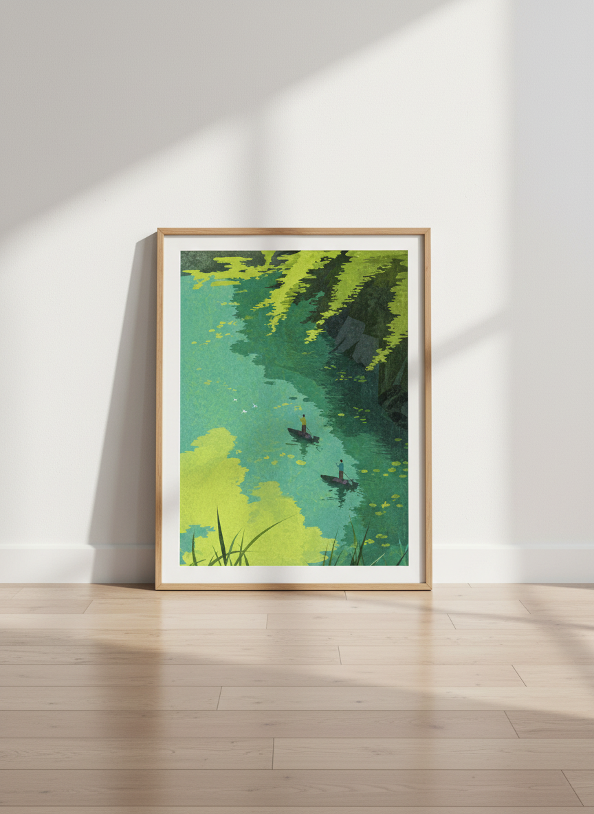Paddleboarding River Art Print | Green Water Landscape | Nature Home Decor Poster