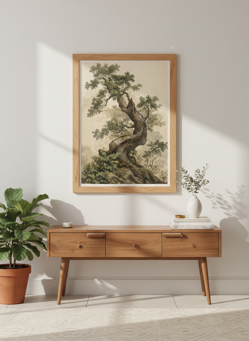 Vintage Tree Watercolor Print | Ancient Oak Botanical Art, Cottagecore Wall Decor
