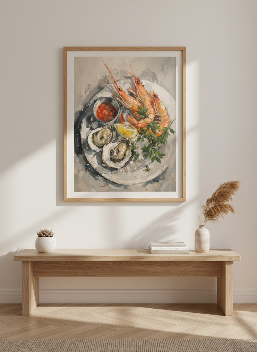 Seafood Platter Painting | Impasto Oysters &amp; Prawns, Kitchen Wall Art Print