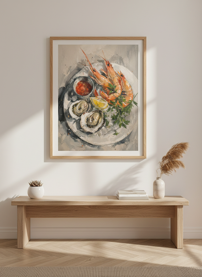 Seafood Platter Painting | Impasto Oysters &amp; Prawns, Kitchen Wall Art Print