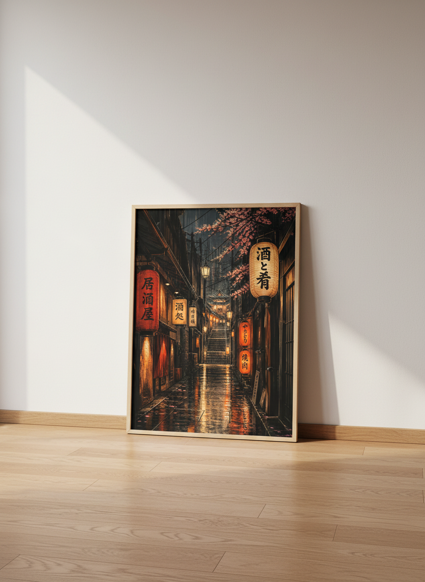 Rainy Japan Night Street Art | Kyoto Lane Poster | Moody Cherry Blossom Decor