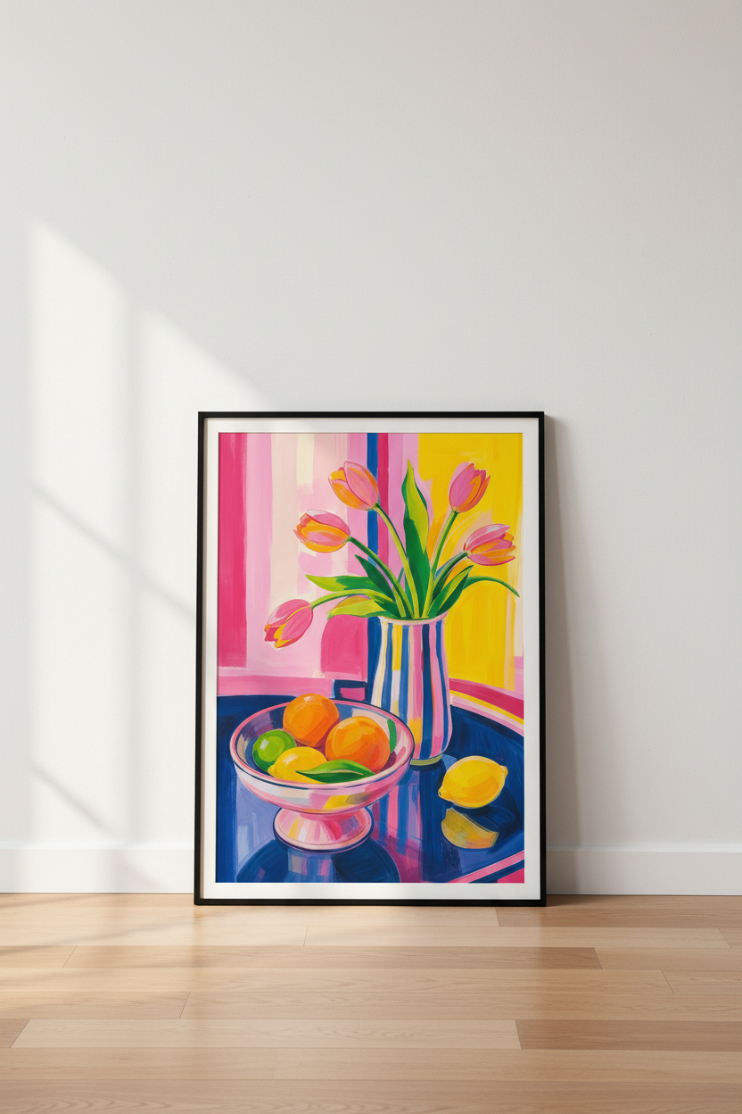 floral poster print | bold pink yellow stripes, kitchen decor
