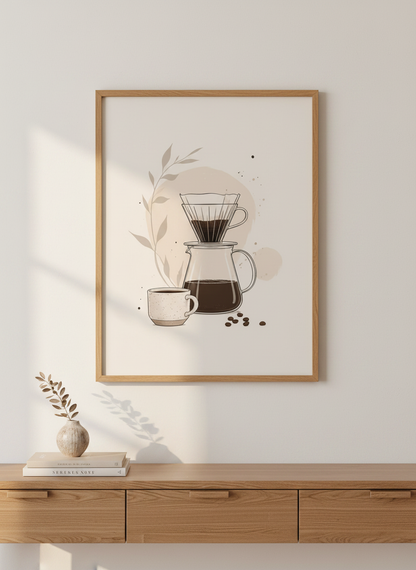 Minimalist Pour Over Coffee Art | Neutral Beige Kitchen Decor | Barista Poster
