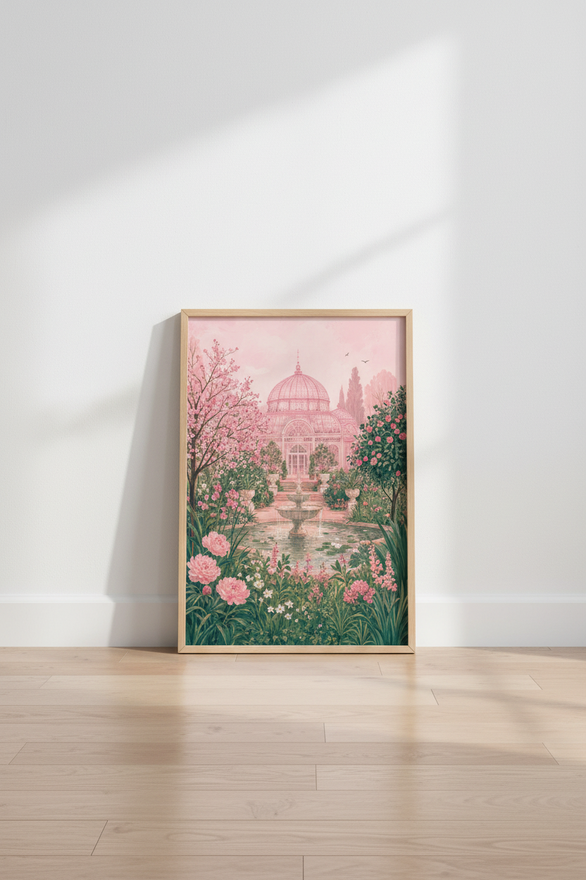 Pink Botanical Greenhouse Wall Art | Romantic Floral Garden Poster, Cottagecore Decor