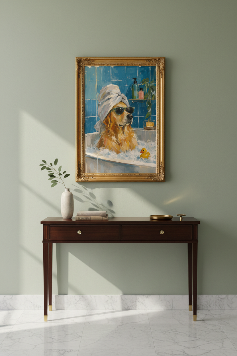 funny dog wall art | playful coastal colors, bathroom decor