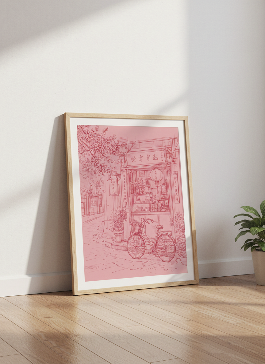 Japanese Storefront Wall Art Print | Pink Anime Aesthetic Poster | Cozy Cafe Decor