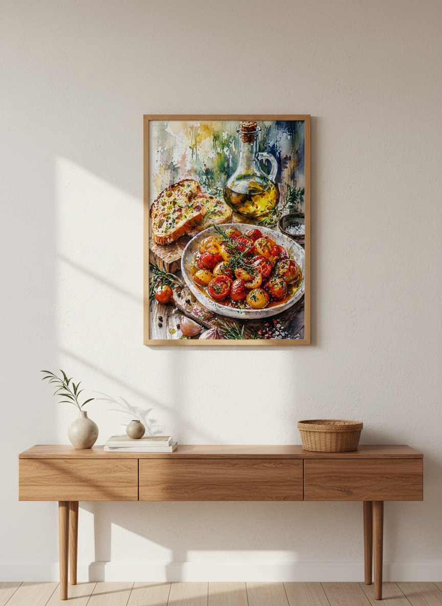 Roasted Tomatoes Watercolor Art | Mediterranean Food Poster, Kitchen Wall Decor