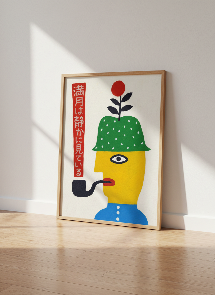 Abstract Japanese Folk Art Print | Quirky Maximalist Decor | Eclectic Living Room Wall Art | Colorful Unique Poster