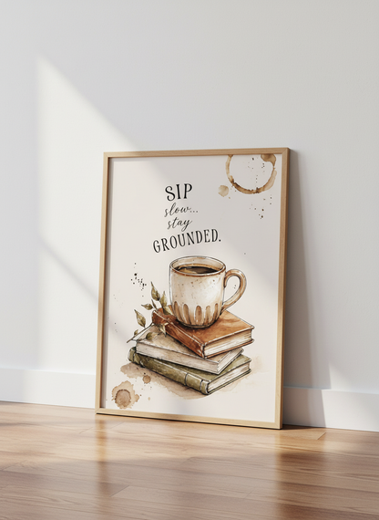 Sip Slow Stay Grounded Coffee Poster | Neutral Brown Cozy Kitchen Decor Art Print