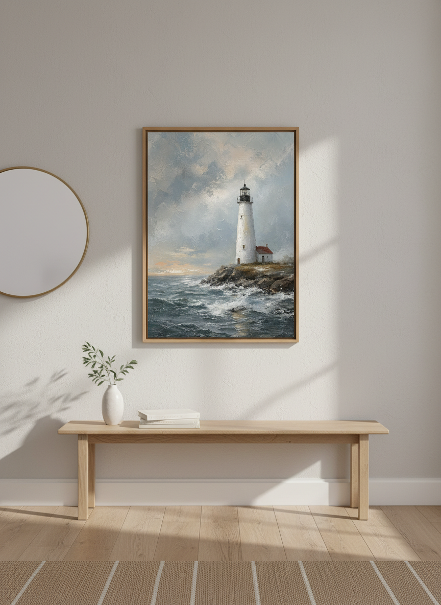 Lighthouse Oil Painting Print | Coastal Wall Art, Nautical Impressionist Poster