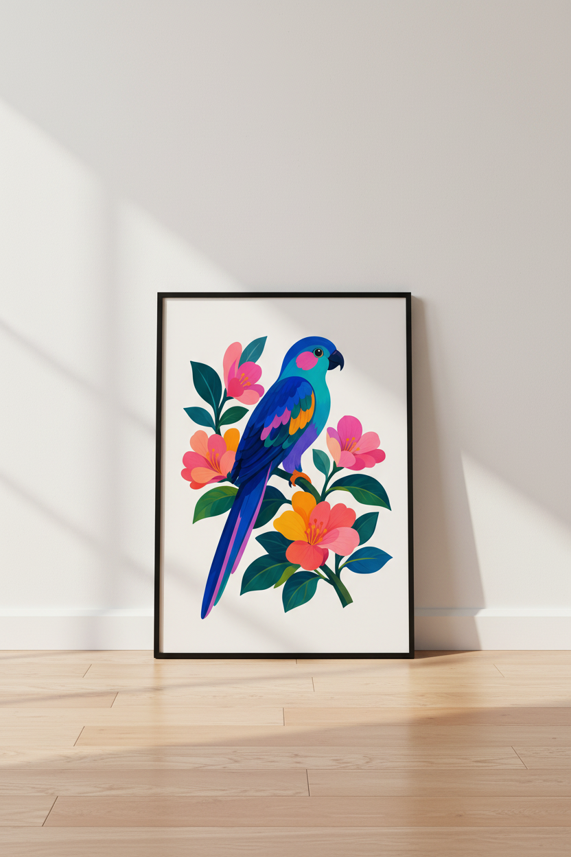 tropical parrot art | vibrant botanical teal pink living room