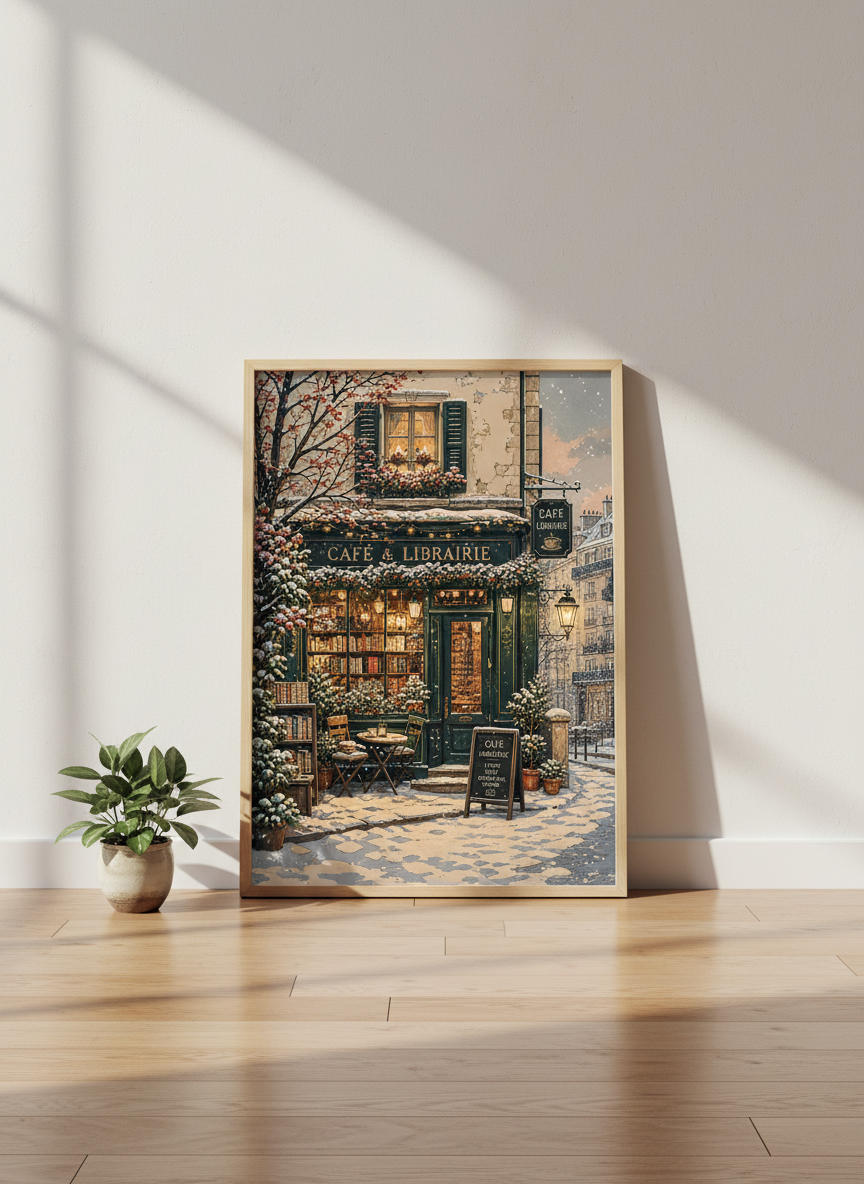 Parisian Winter Bookstore | Cozy Cafe Wall Art, Dark Academia Library Print