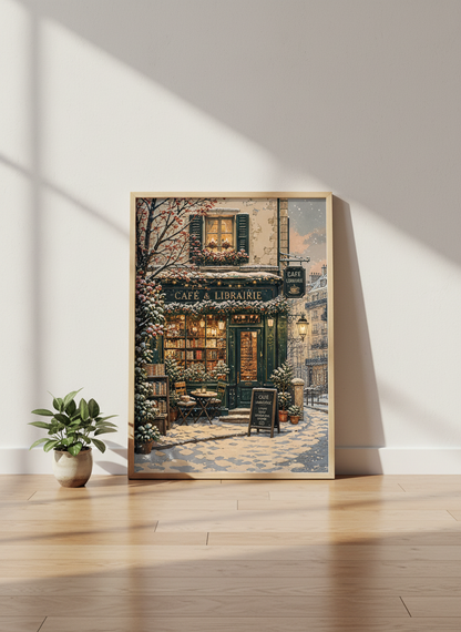 Parisian Winter Bookstore | Cozy Cafe Wall Art, Dark Academia Library Print