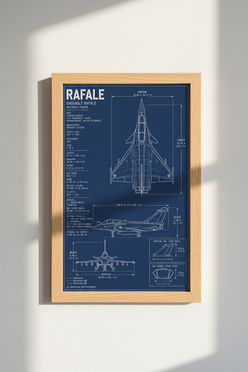 Dassault Rafale Blueprint Wall Art Print | Aviation Decor | Jet Fighter Poster | Man Cave | Gift for Pilots &amp; Enthusiasts