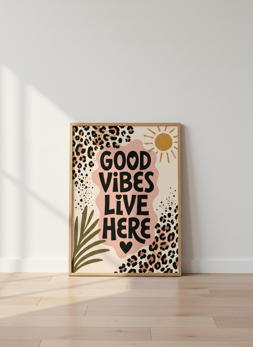 Good Vibes Live Here Wall Art | Boho Leopard Print Poster | Positive Quote Decor