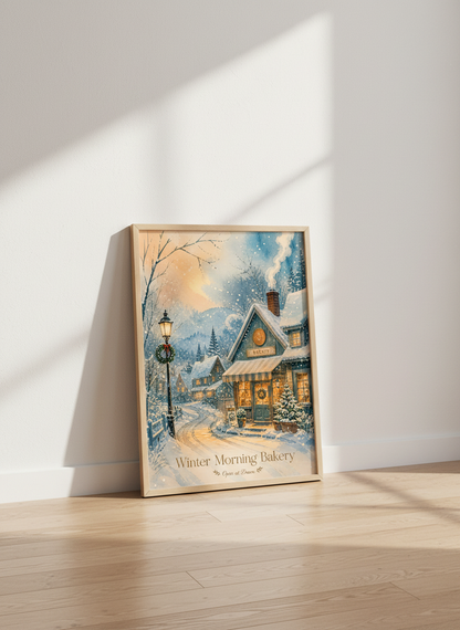 Winter Bakery Village Wall Art | Cozy Watercolor Christmas Print, Snowy Kitchen Decor