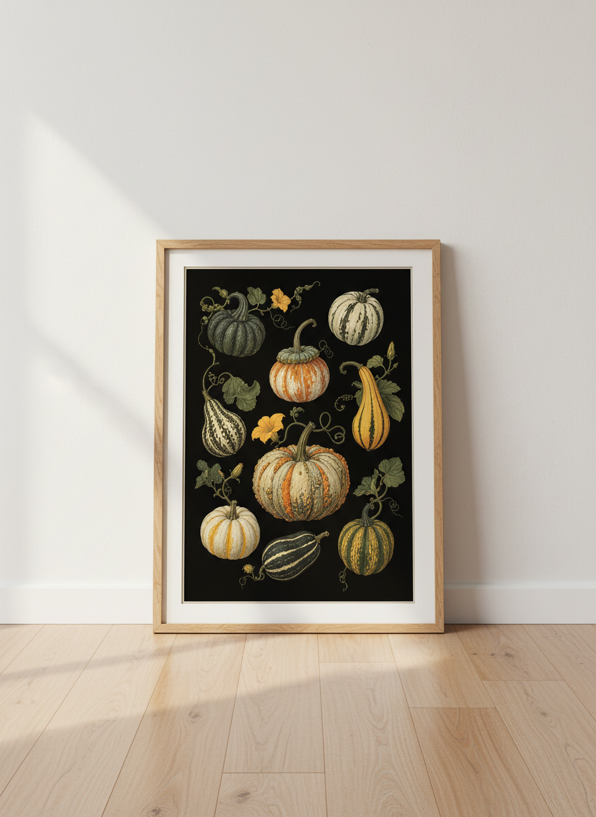Vintage Pumpkin Botanical Wall Art | Dark Academia Fall Decor | Moody Gourd Poster