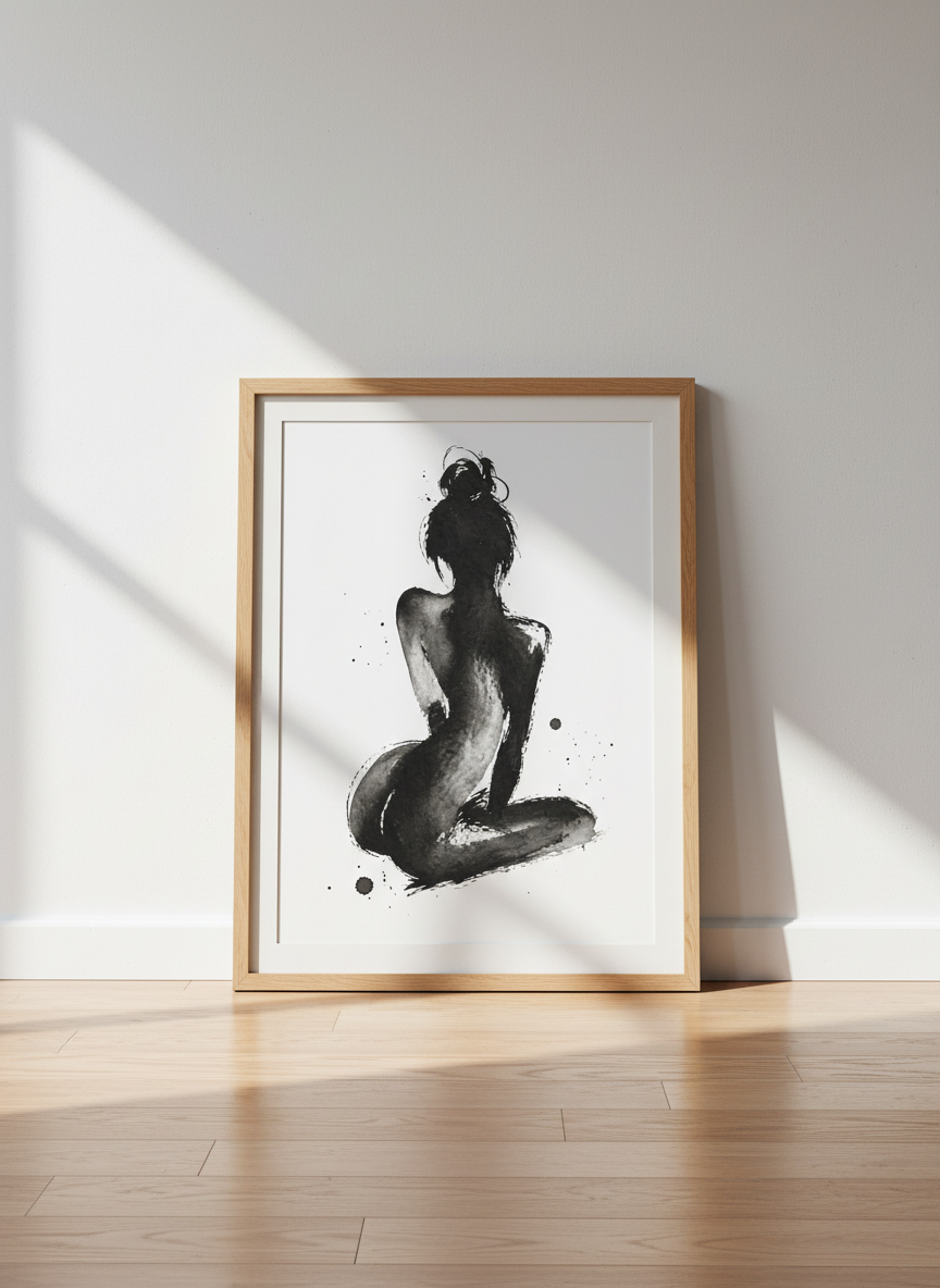Minimalist Sumi-e Woman Figure Line Art Print | Nude Female Body Aesthetic Decor | Zen Brush Stroke Poster | Black and White Ink Art