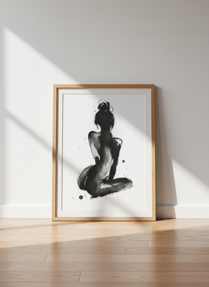 Minimalist Sumi-e Woman Figure Line Art Print | Nude Female Body Aesthetic Decor | Zen Brush Stroke Poster | Black and White Ink Art