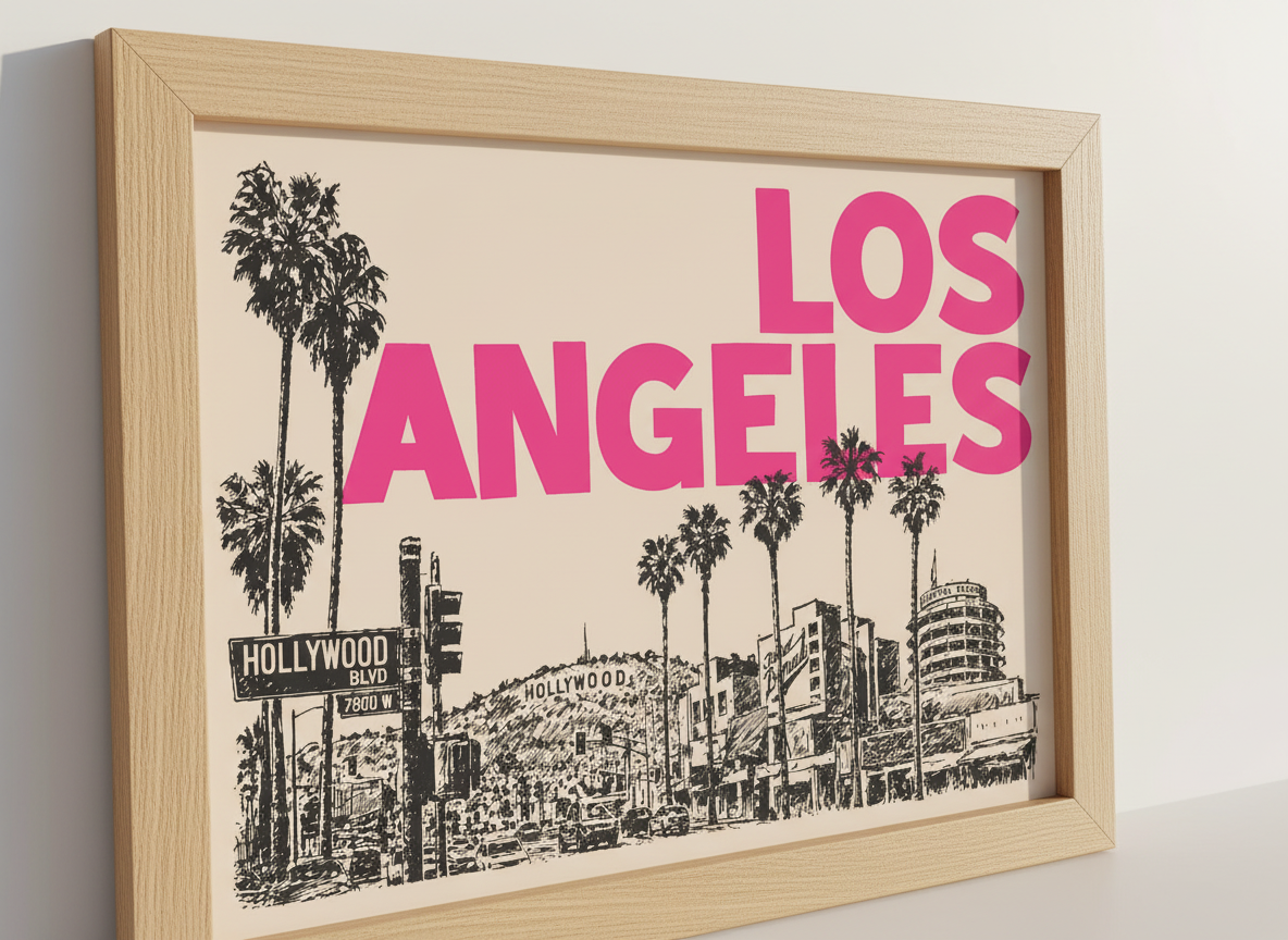 Retro Los Angeles Wall Art Print | Hollywood Room Decor | Pink City Poster | Palm Tree Aesthetic Sign | LA Travel Art