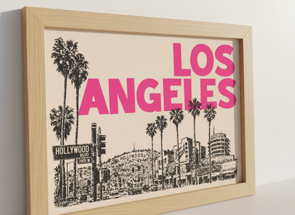 Retro Los Angeles Wall Art Print | Hollywood Room Decor | Pink City Poster | Palm Tree Aesthetic Sign | LA Travel Art