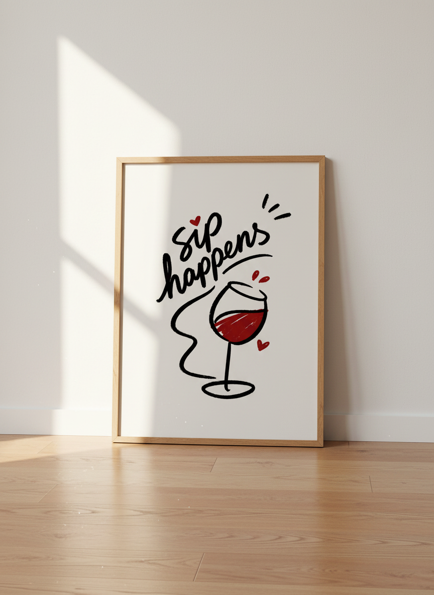 Sip Happens Wine Art Print | Kitchen Bar Decor, Funny Quote | Digital &amp; Physical
