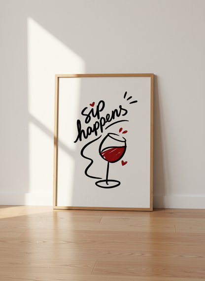 Sip Happens Wine Art Print | Kitchen Bar Decor, Funny Quote | Digital &amp; Physical