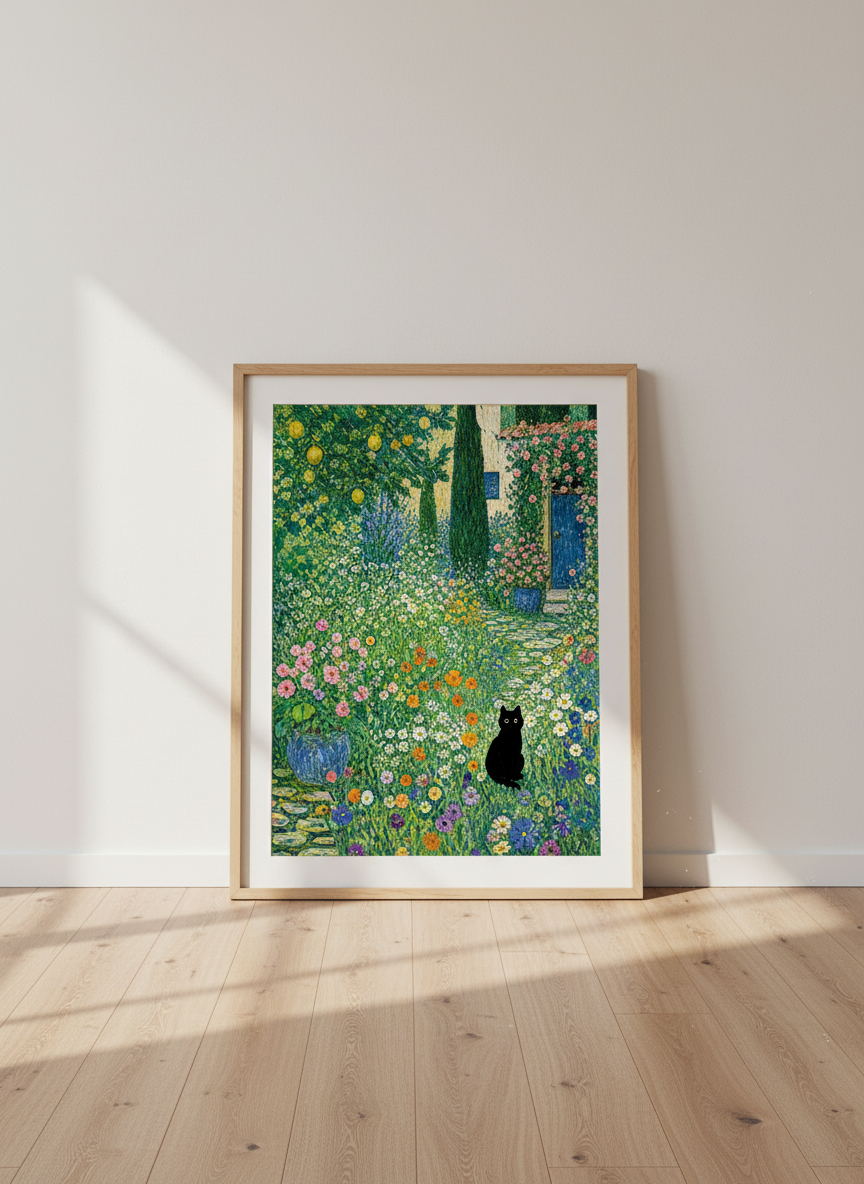 Black Cat in Flower Garden Wall Art | Impressionist Floral Print | Cottagecore Poster