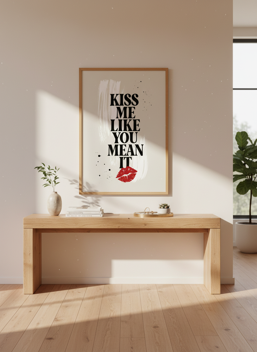 Kiss Me Like You Mean It Poster | Red Lips Typography Wall Art | Modern Bedroom Decor