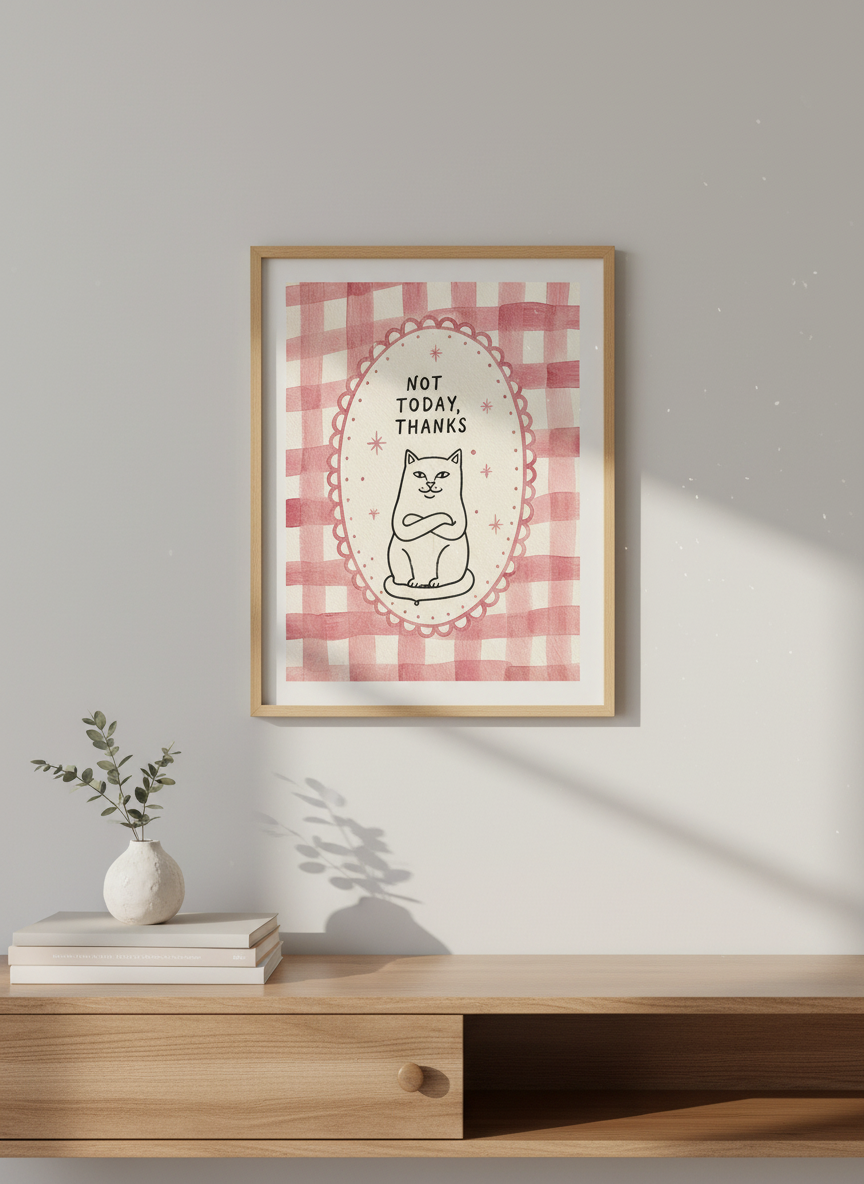 Funny Cat Art | Pink Gingham Not Today Thanks Poster, Cute Coquette Room Decor