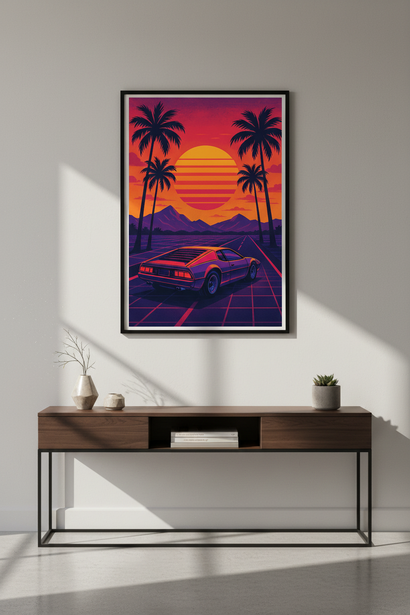 Retrowave Car Wall Art Print | Synthwave Palm Tree Sunset Poster | 80s Aesthetic Home Decor | Vaporwave Gift | Miami Vice