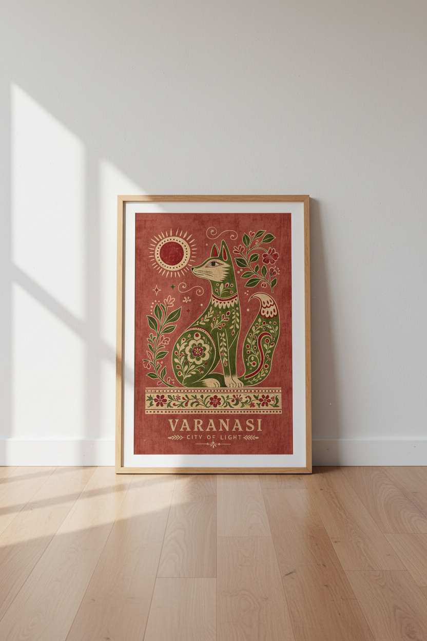 Folk Art Varanasi Fox Wall Art | Terracotta Boho Decor | India Travel Poster