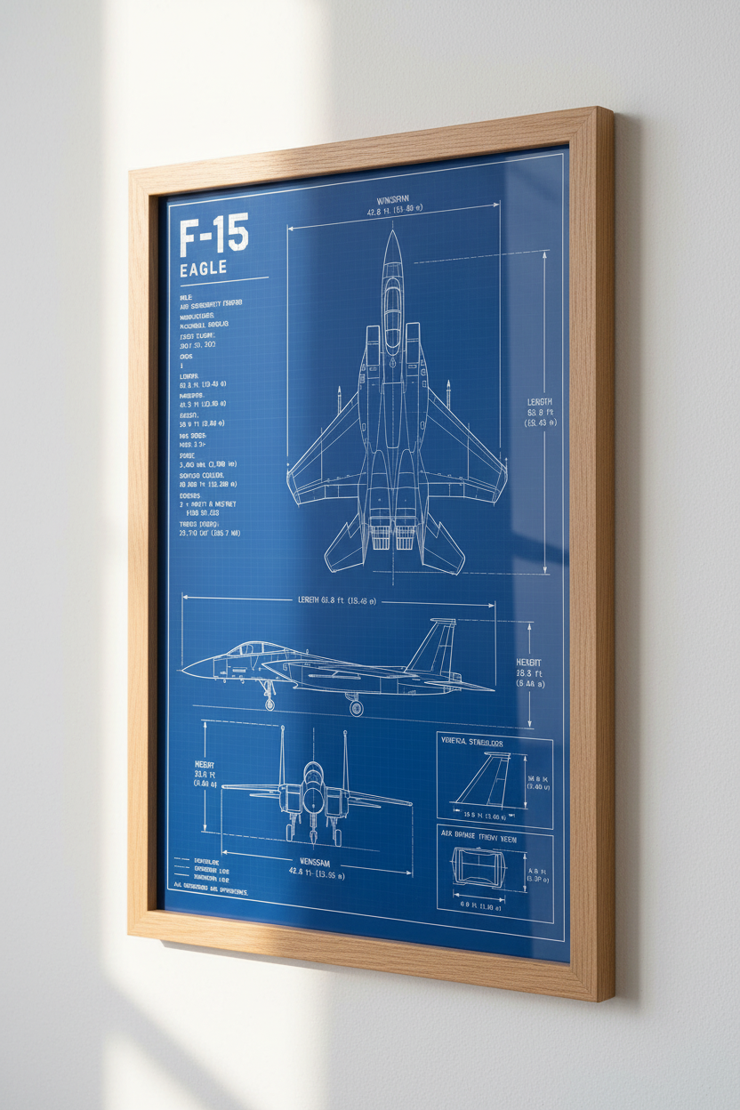 Blueprint F-15 Eagle Fighter Jet Wall Art Print | Aviation Decor | Man Cave Poster