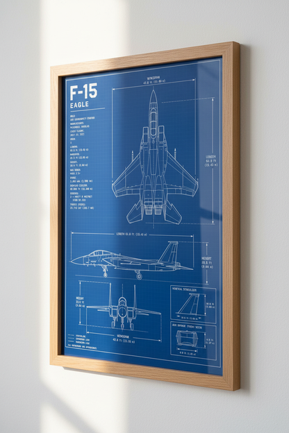 Blueprint F-15 Eagle Fighter Jet Wall Art Print | Aviation Decor | Man Cave Poster