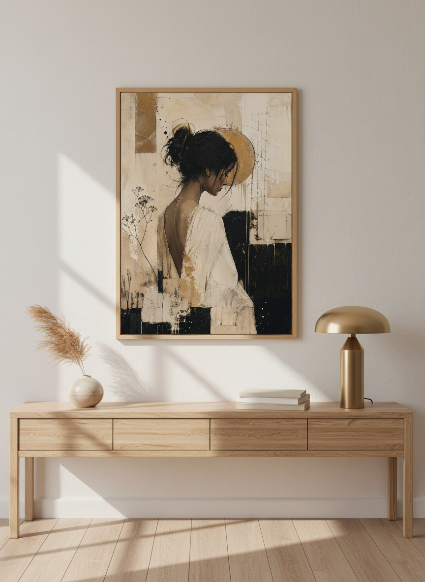 Abstract Woman Portrait | Neutral &amp; Gold Modern Art, Living Room Office Wall Decor