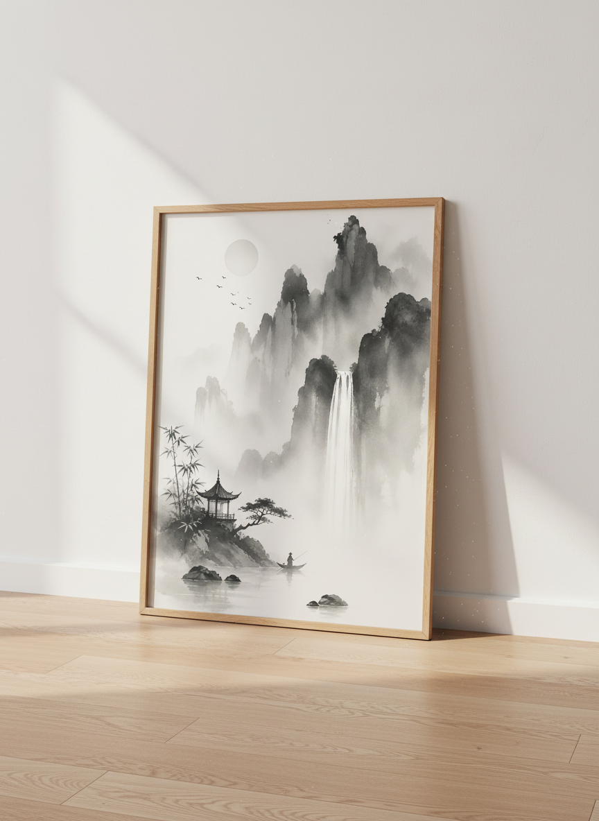 Japanese Ink Landscape Wall Art | Black &amp; White Zen Waterfall Poster, Living Room Decor