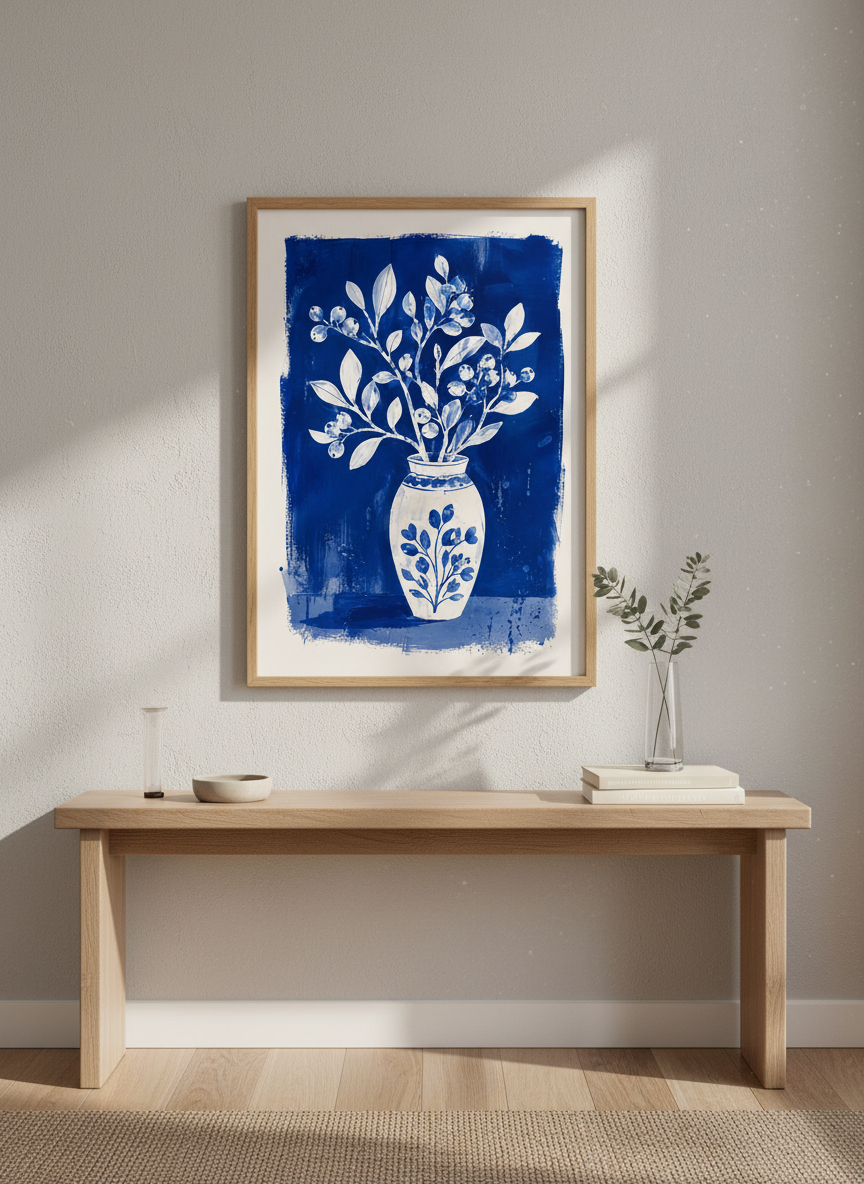 Blue Floral Vase Wall Art | Indigo Botanical Poster, Chinoiserie Decor