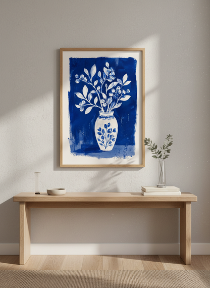 Blue Floral Vase Wall Art | Indigo Botanical Poster, Chinoiserie Decor