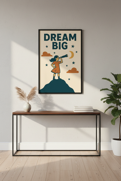 Retro Inspirational Wall Art | "Dream Big" Girl with Telescope | Kids Room Decor | Motivational Poster Print | Neutral Aesthetic