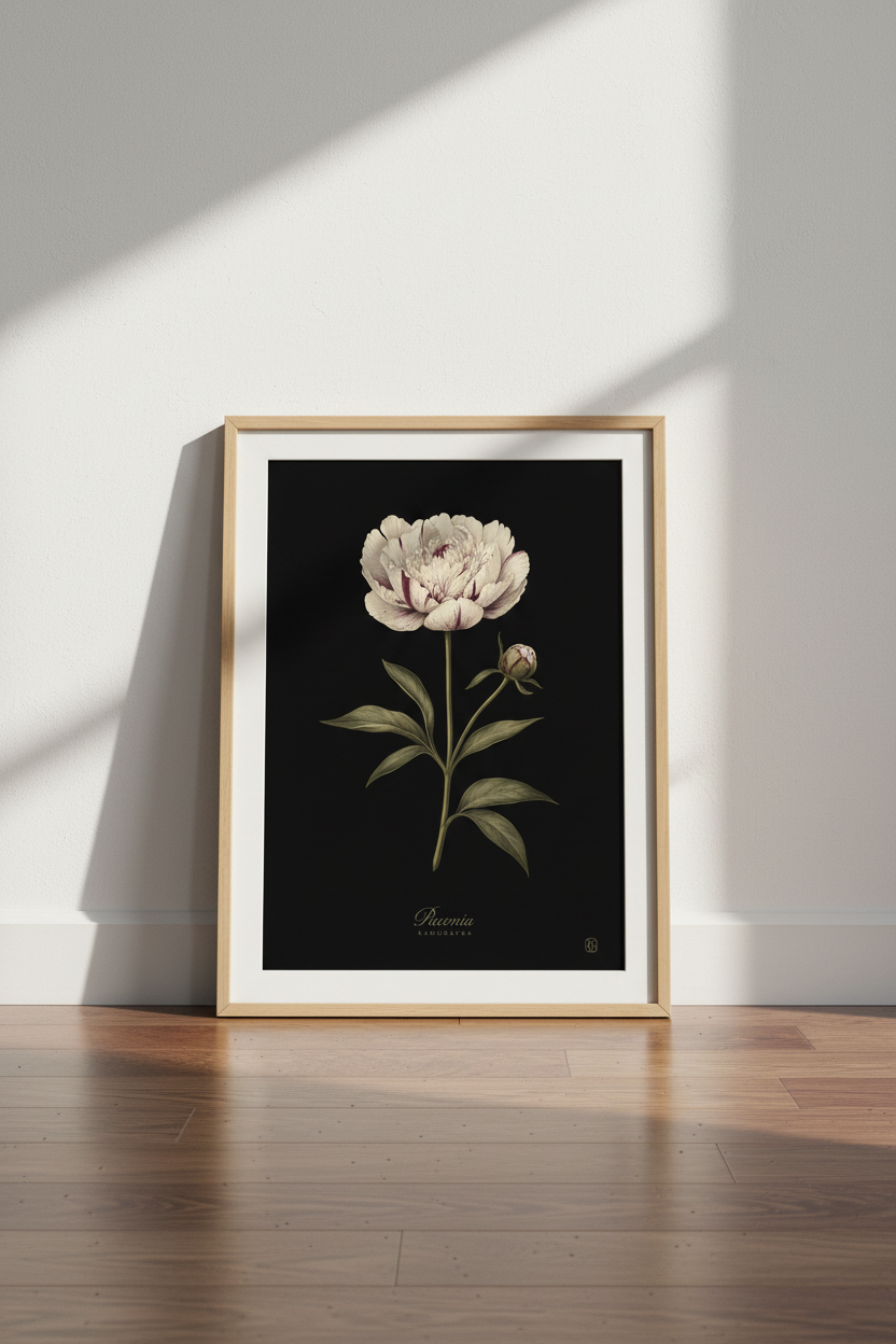 Vintage Peony Botanical Wall Art | Dark Moody Floral Print, Living Room Decor